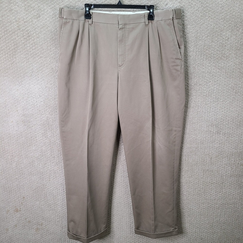 LL Bean Pants Mens 40x32 Khaki Pleated Comfort Waist Cotton Cuffed Casual Chinos